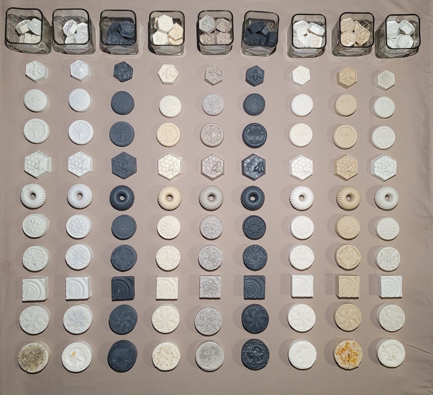 picture of all soaps and sizes arranged from smallest to largest