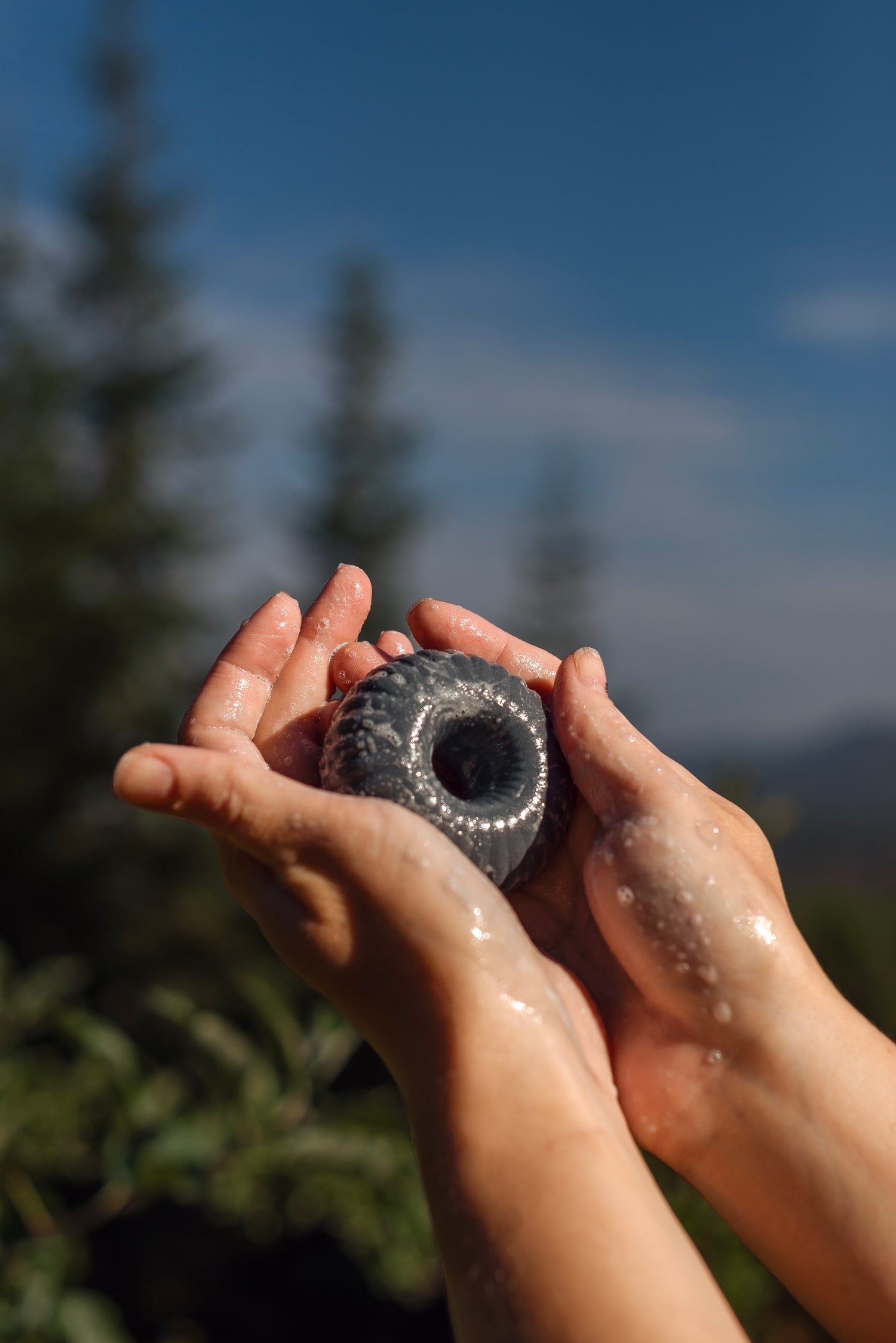 picture of hands lathering an activated charcoal soap in front of trees and sky