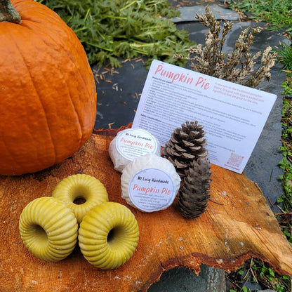 picture of Pumpkin Pie themed goat milk soaps, some packaged, some naked, with pumpkin and pinecones sitting on a tree round