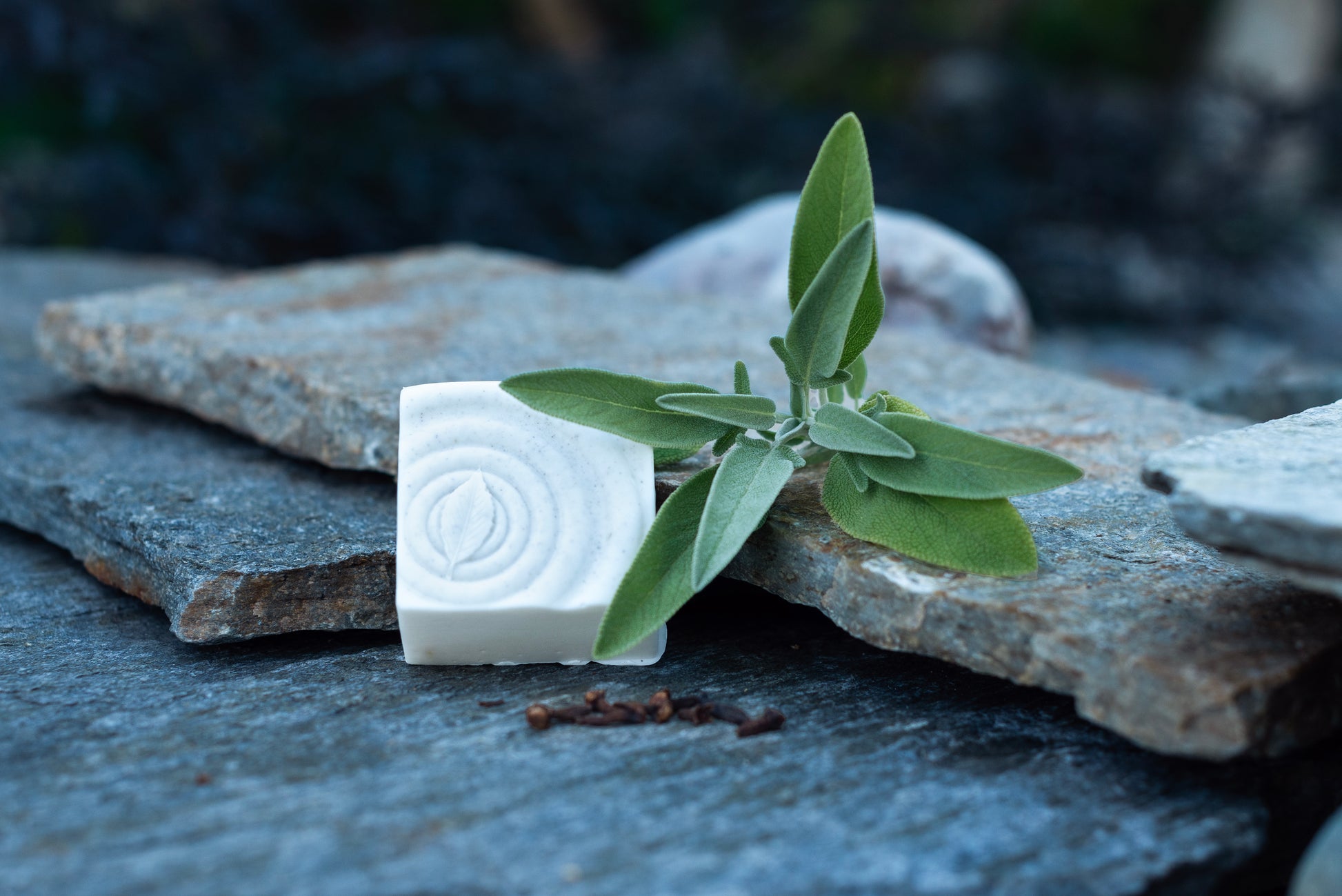 a square cleanse soap on slate slabs with a fresh sage accent