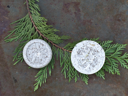 picture of two outdoor sops, one with a tree design and the other the loofah variety, both sitting on a cedar branch