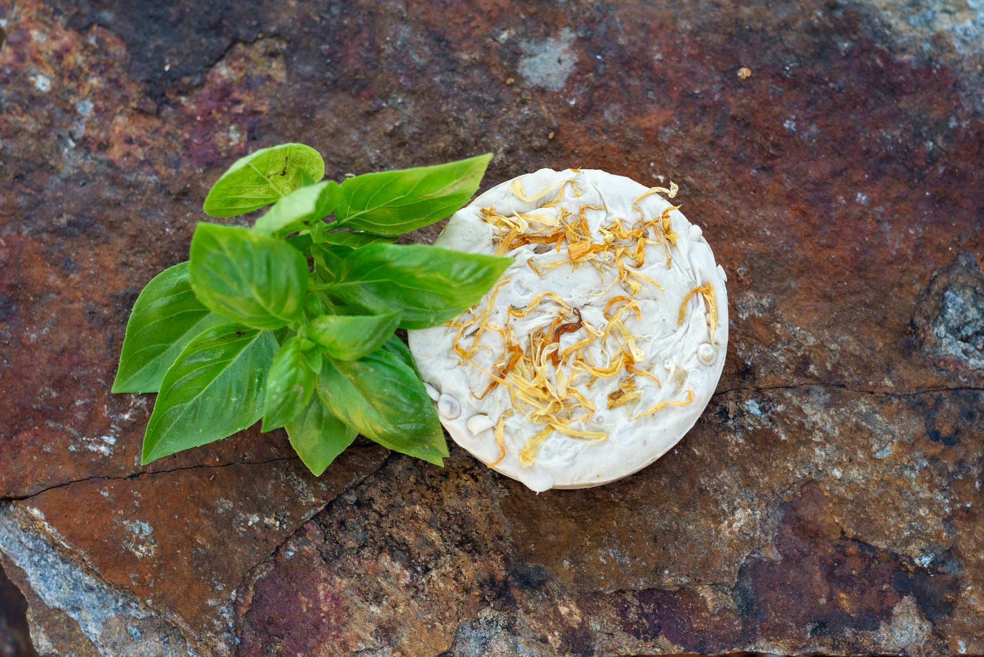 picture of the relief variety soaps topped with calendula flowers with fresh basil accent